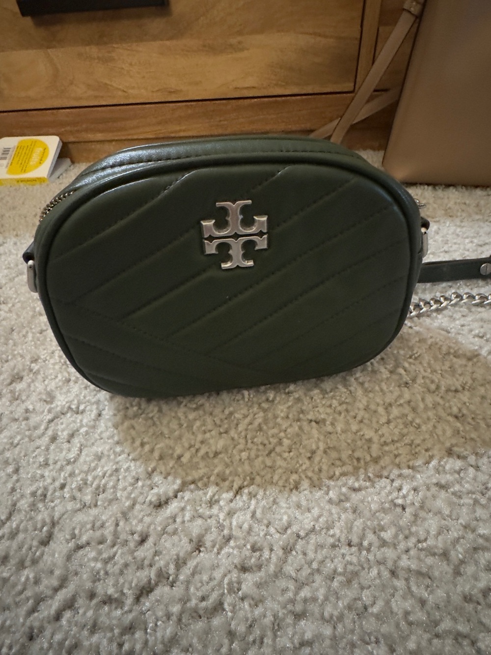 Tory Burch Forest Green Quilted Leather Crossbody with Silver Logo